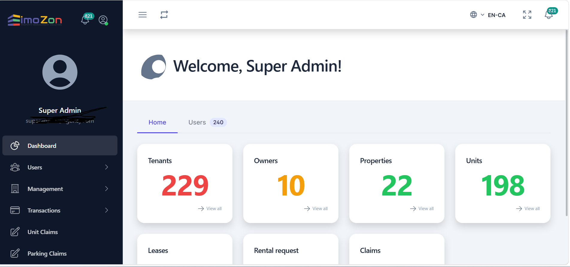 Imozon back office dashboard